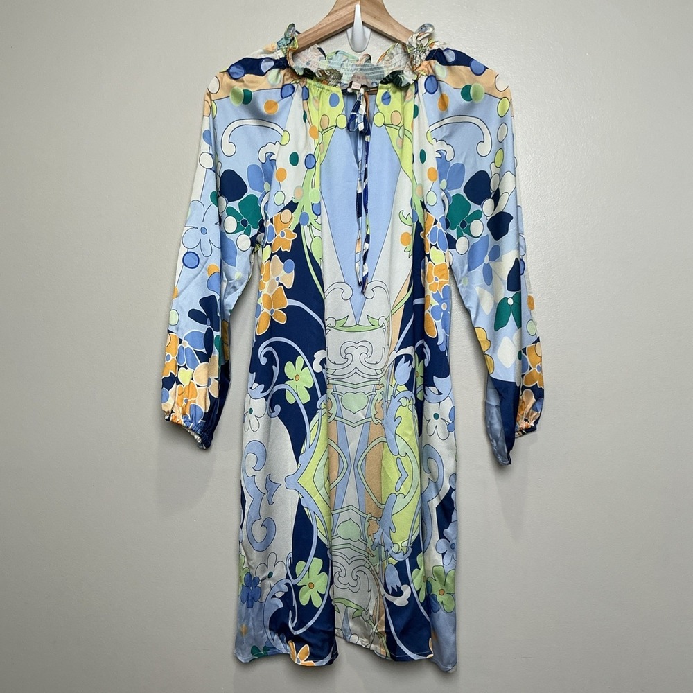 CIEBON Blue Colorful Drea Floral Long Sleeve Tie Waist Minidress SMALL *no belt*